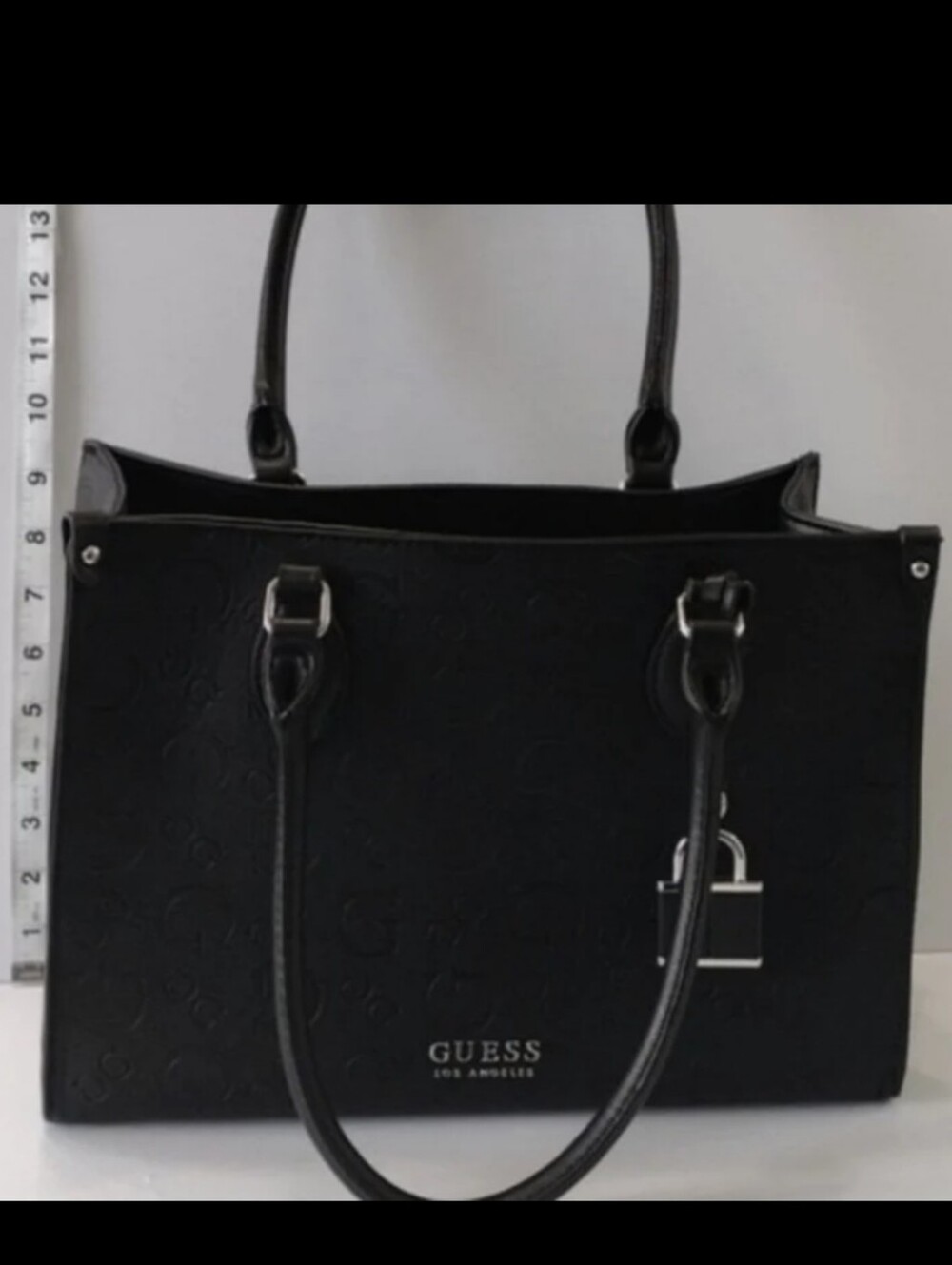 GUESS Black Embossed Cute Signature G Square Tote with Padlock Charm